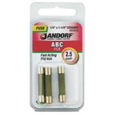 Jandorf Ceramic Fuse, ABC Series, Fast-Acting, 2.5A, 250V AC 3397536